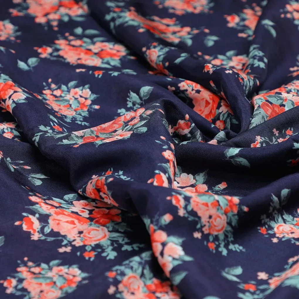 Blue Flower Printed Pure Muslin Fabric - Image 3