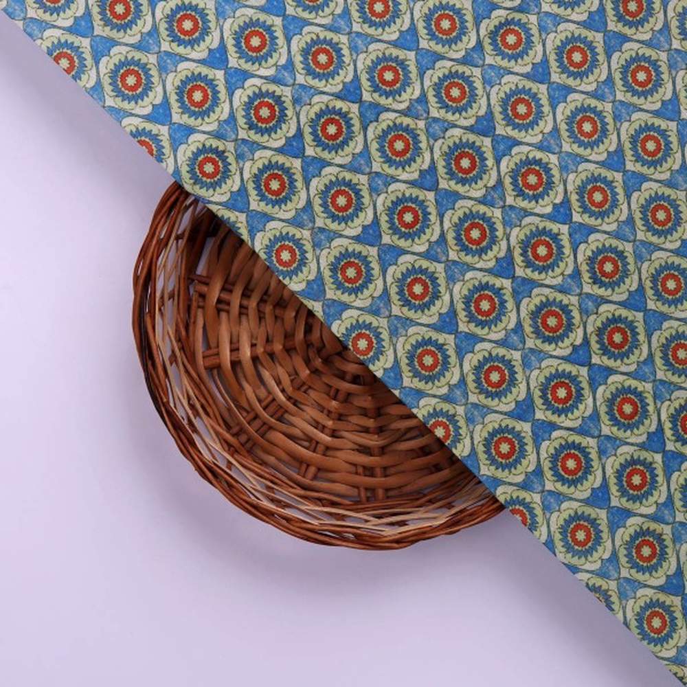 Blue Geometric Floral Medallion Print Chanderi Fabric - Image 2