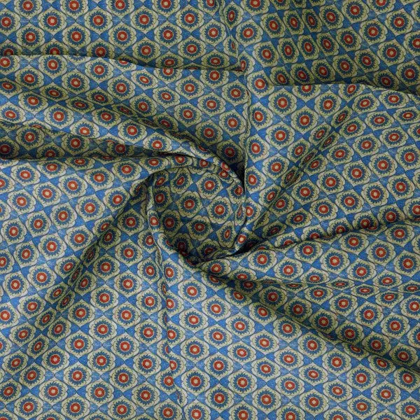 Blue Geometric Floral Medallion Print Chanderi Fabric - Image 3
