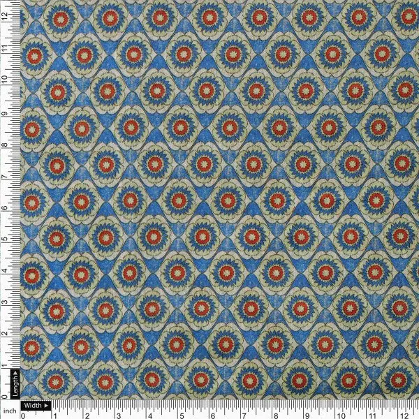 Blue Geometric Floral Medallion Print Chanderi Fabric - Image 4