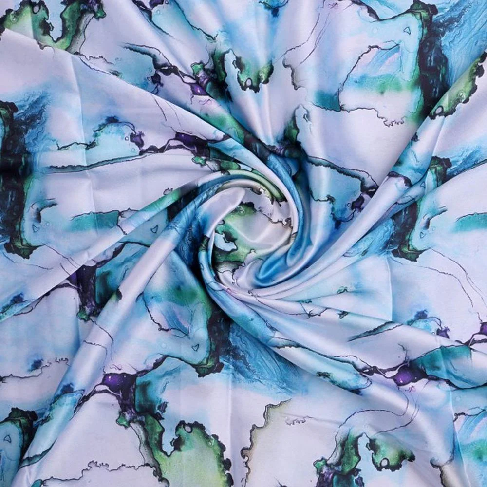 Blue & Green Abstract Marble Print Japan Satin Fabric - Image 2