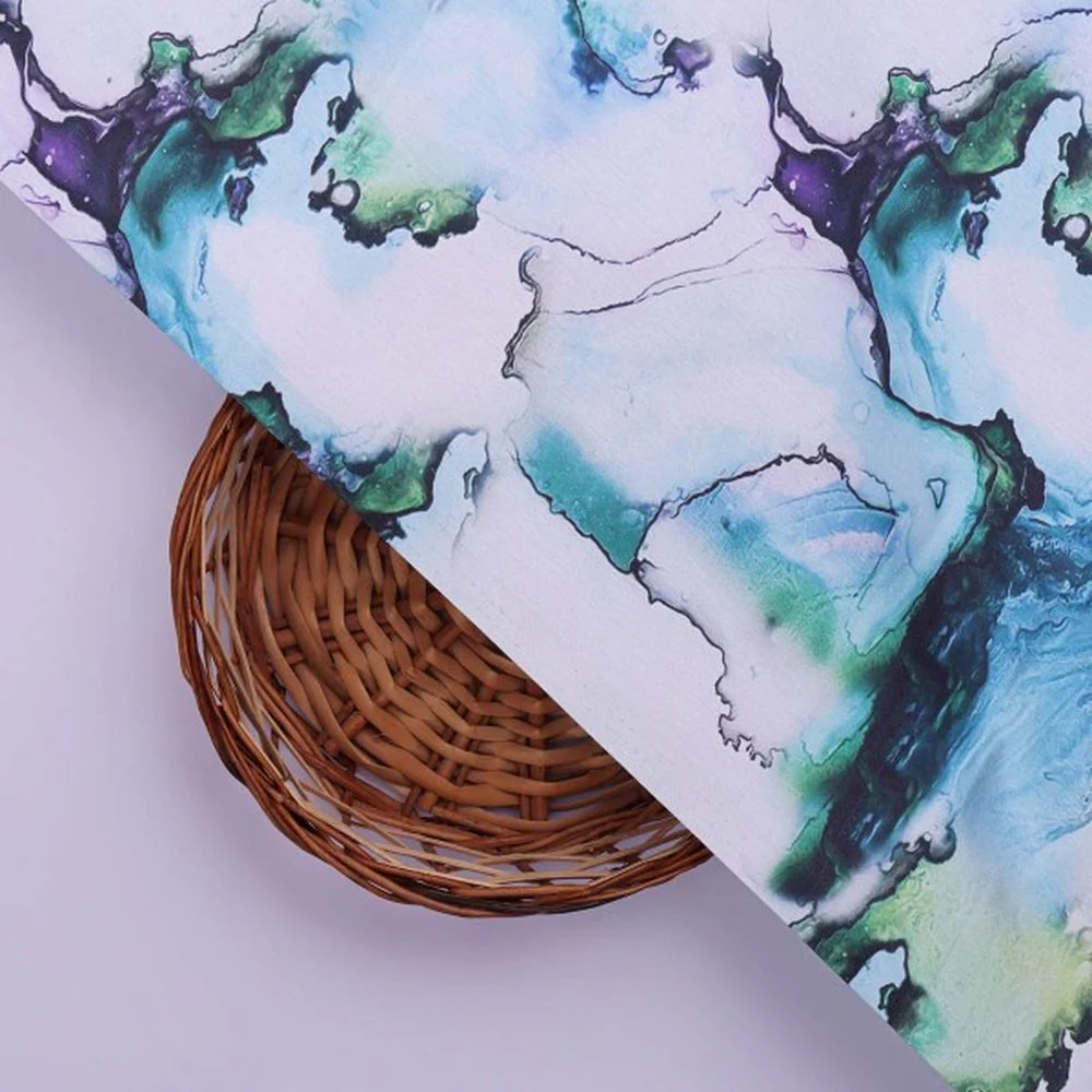 Blue & Green Abstract Marble Print Japan Satin Fabric - Image 3