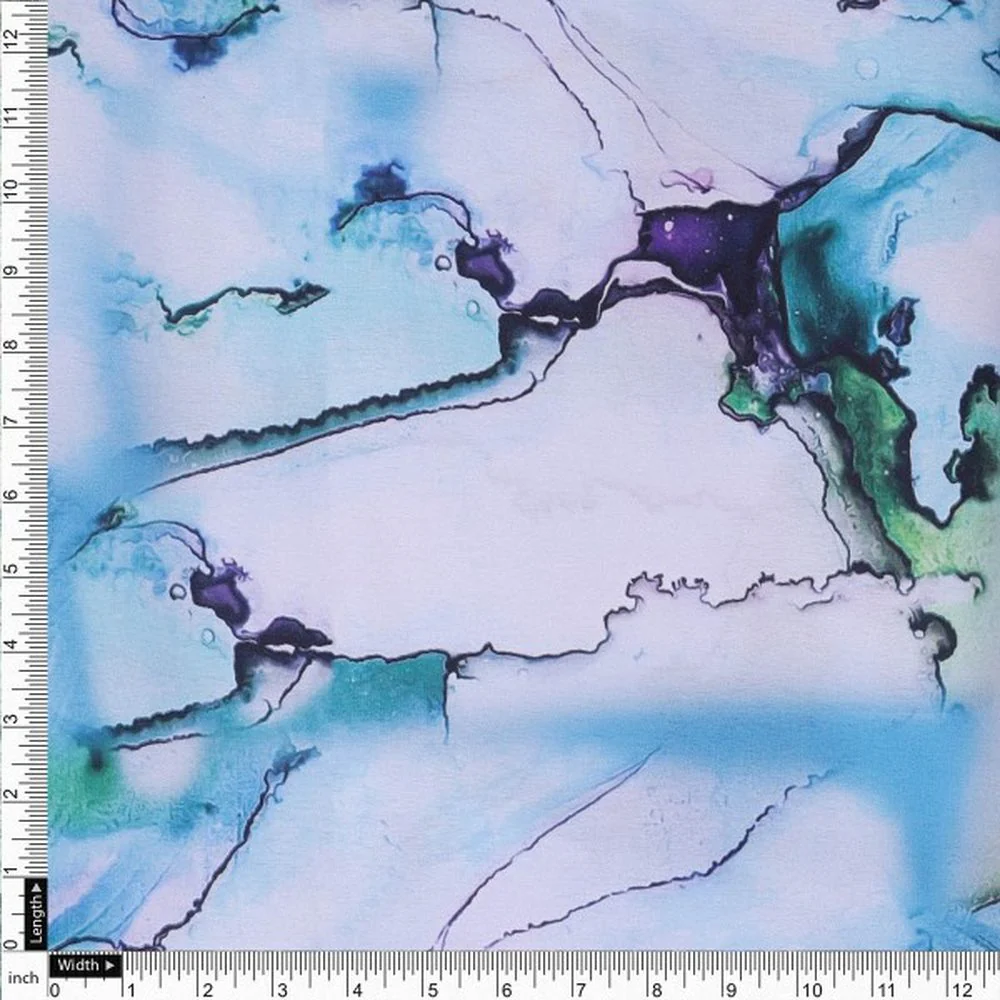 Blue & Green Abstract Marble Print Japan Satin Fabric - Image 4