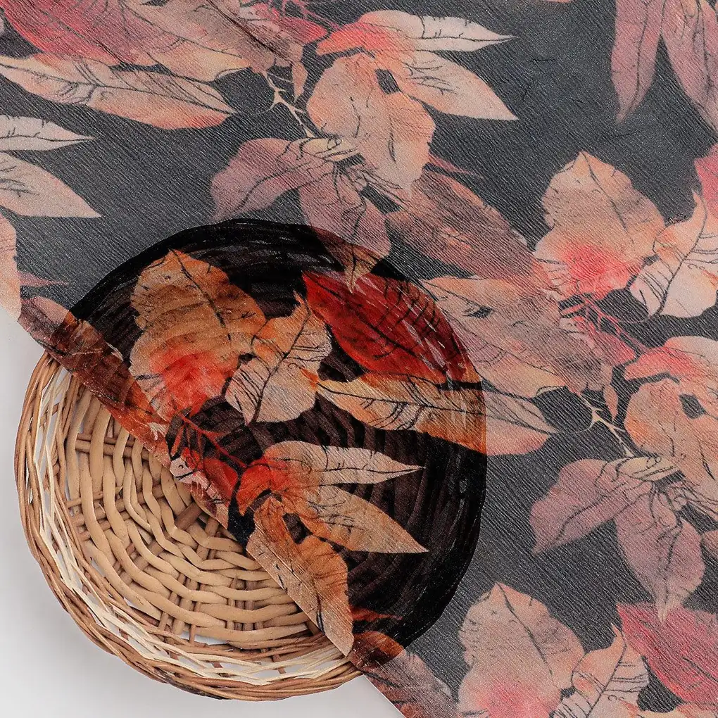 Blue Leaves Printed Pure Chiffon Fabric - Image 2