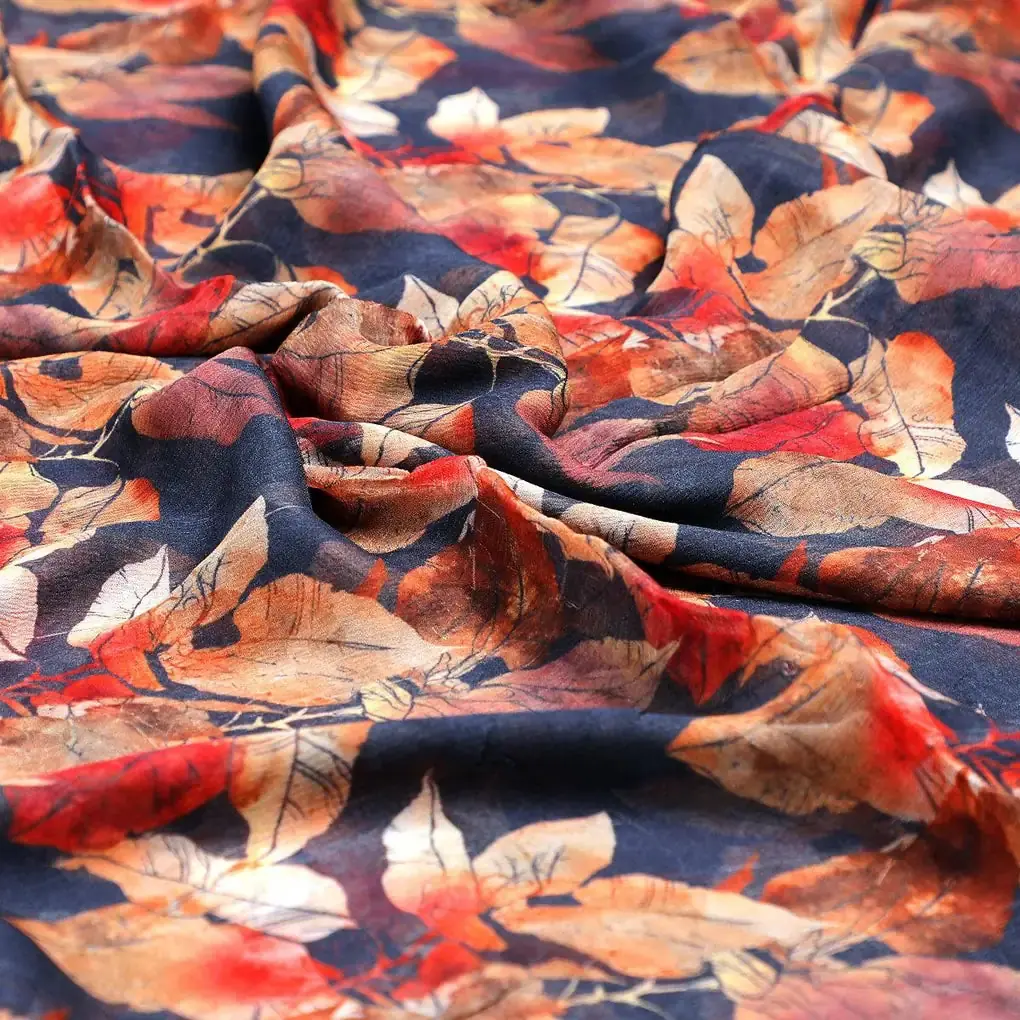 Blue Leaves Printed Pure Chiffon Fabric - Image 3