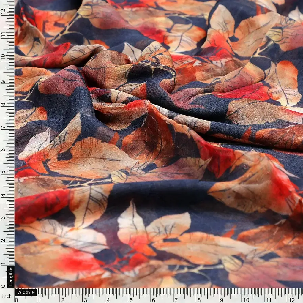 Blue Leaves Printed Pure Chiffon Fabric - Image 4