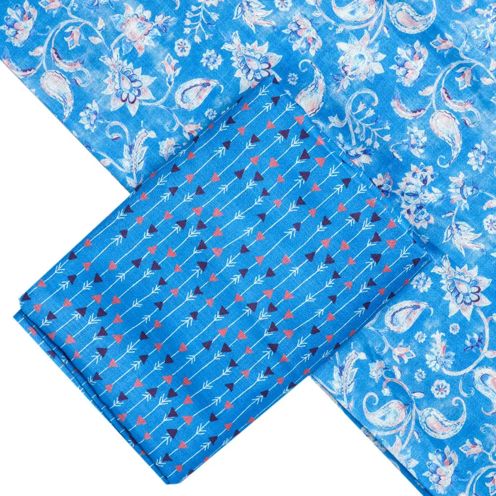 Blue Linen Printed Unstitched Fabric Set (5 Meter Set) - Image 2