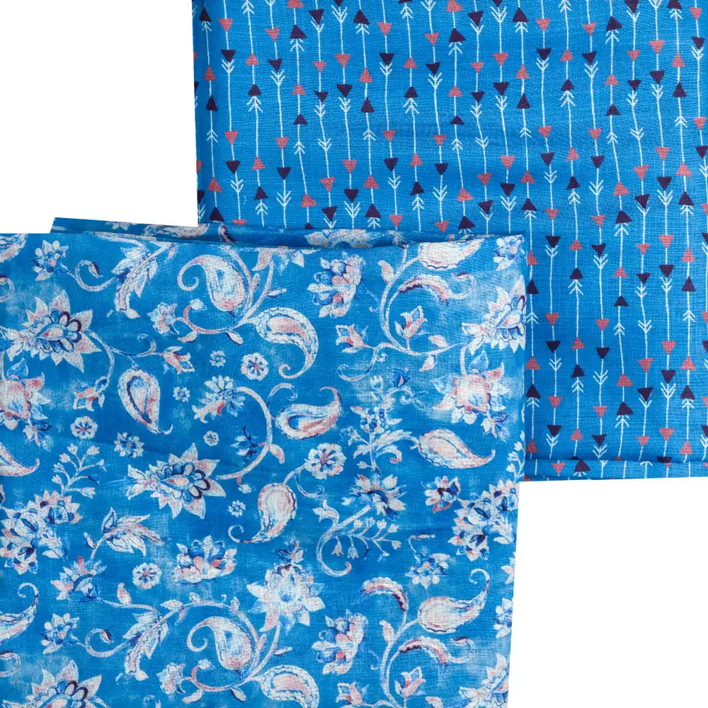 Blue Linen Printed Unstitched Fabric Set (5 Meter Set) - Image 3