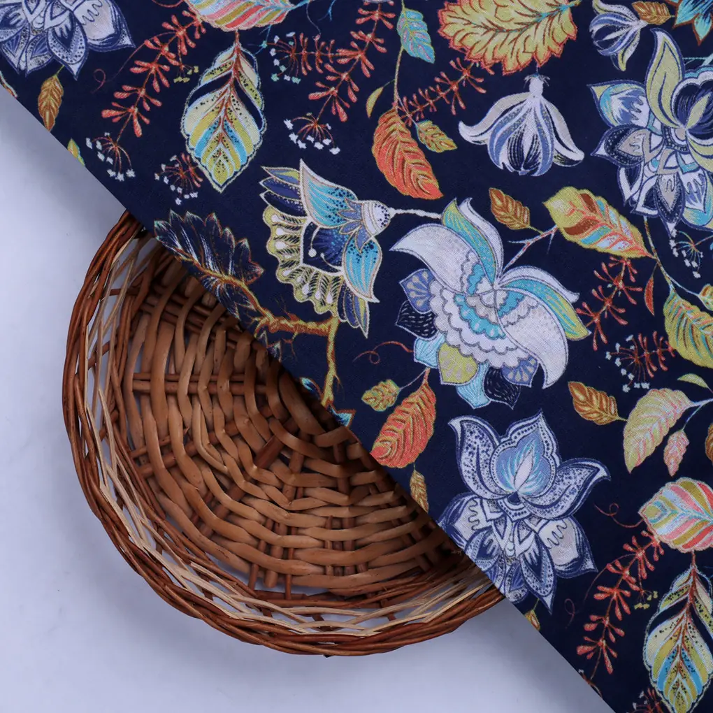 Blue Multicolor Floral Print Muslin Fabric - Image 2