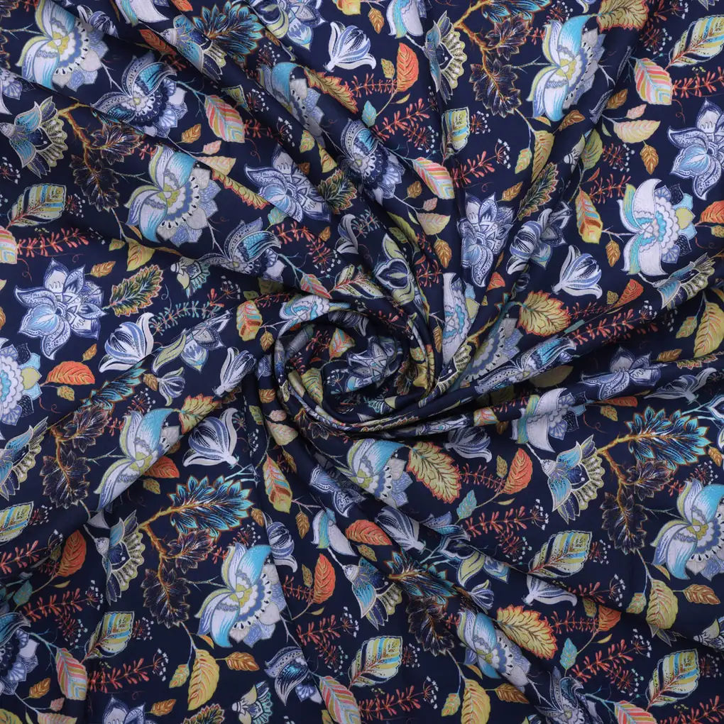 Blue Multicolor Floral Print Muslin Fabric - Image 3