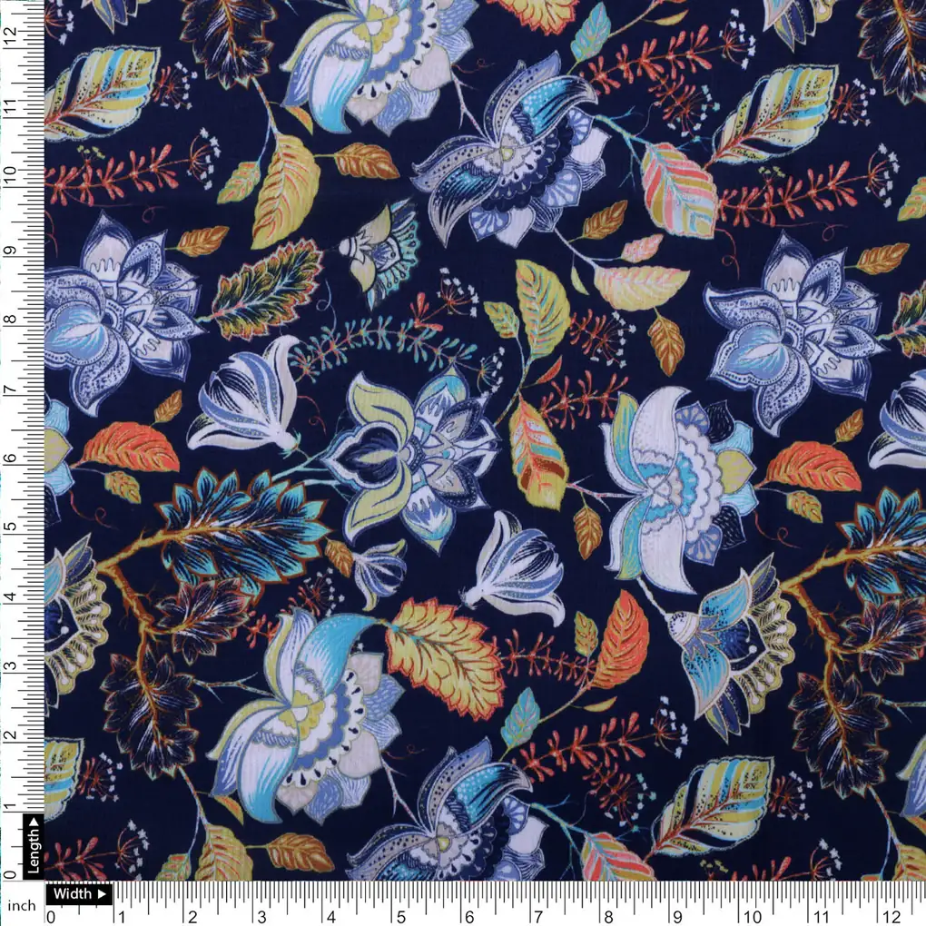 Blue Multicolor Floral Print Muslin Fabric - Image 4