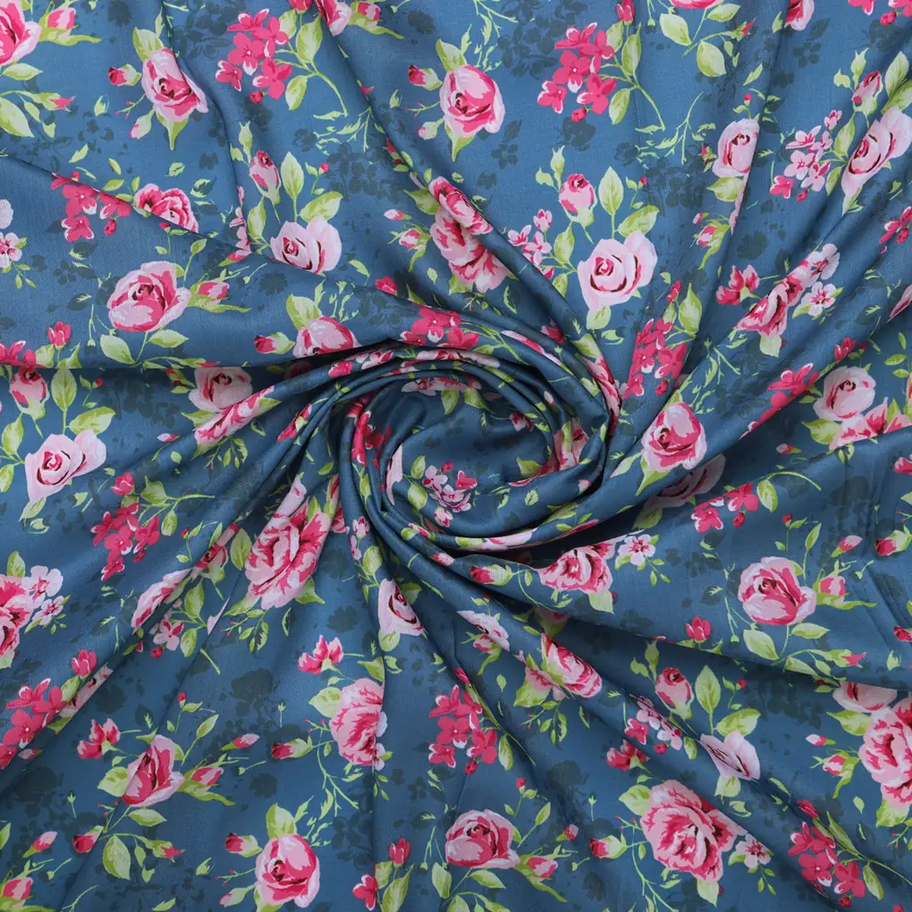 Blue Muslin Fabric with Pink Roses - Image 3