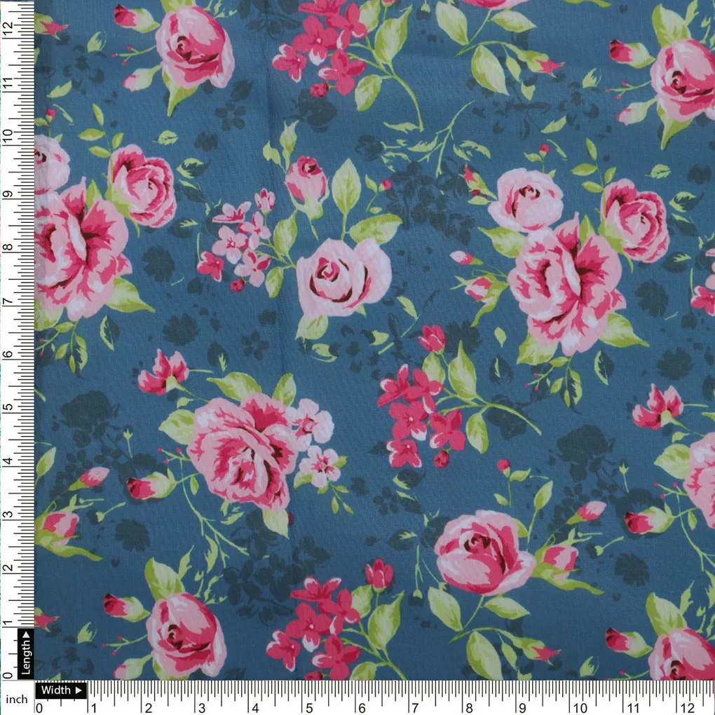 Blue Muslin Fabric with Pink Roses - Image 4