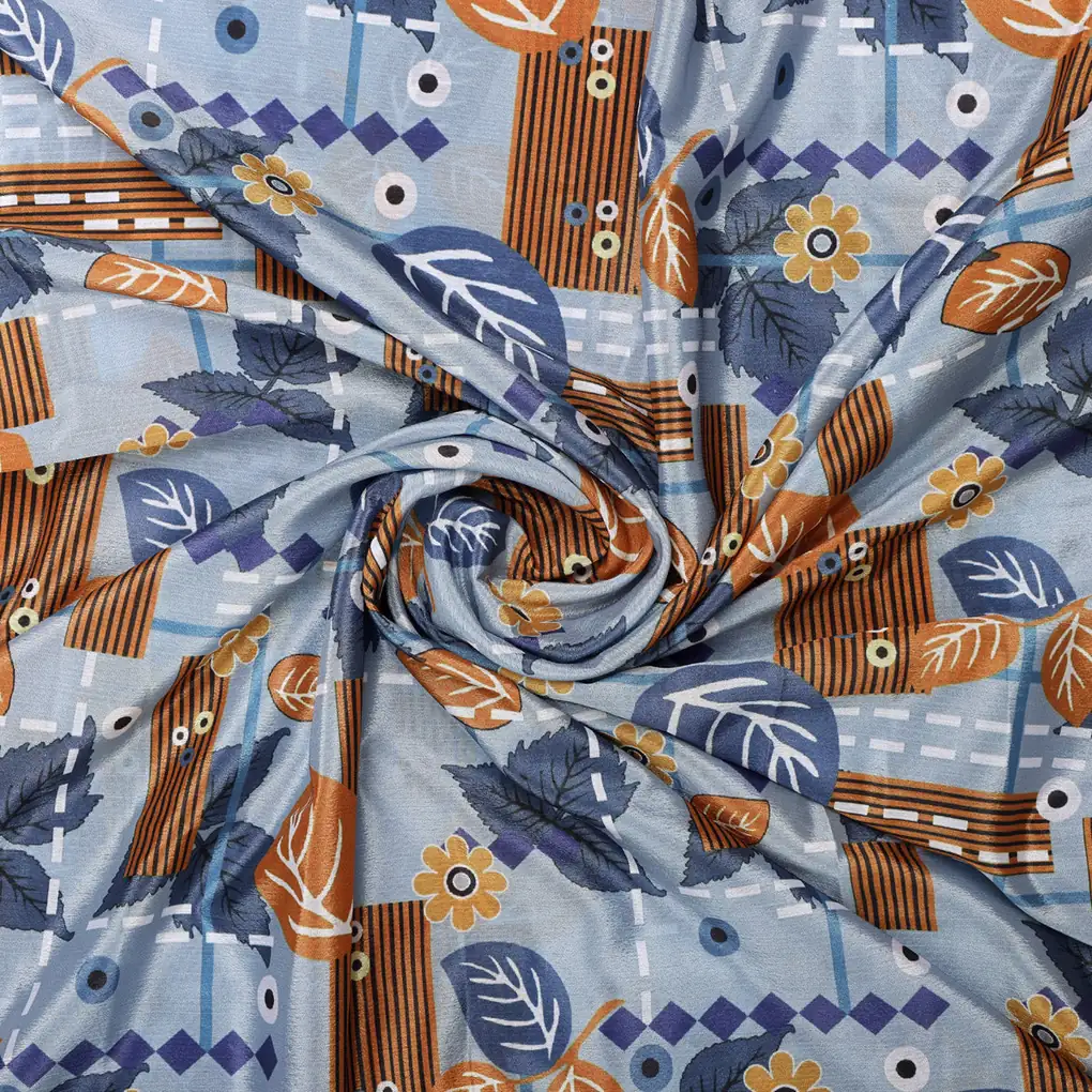 Blue & Orange Floral Geometric Abstract Chinon Fabric - Image 3