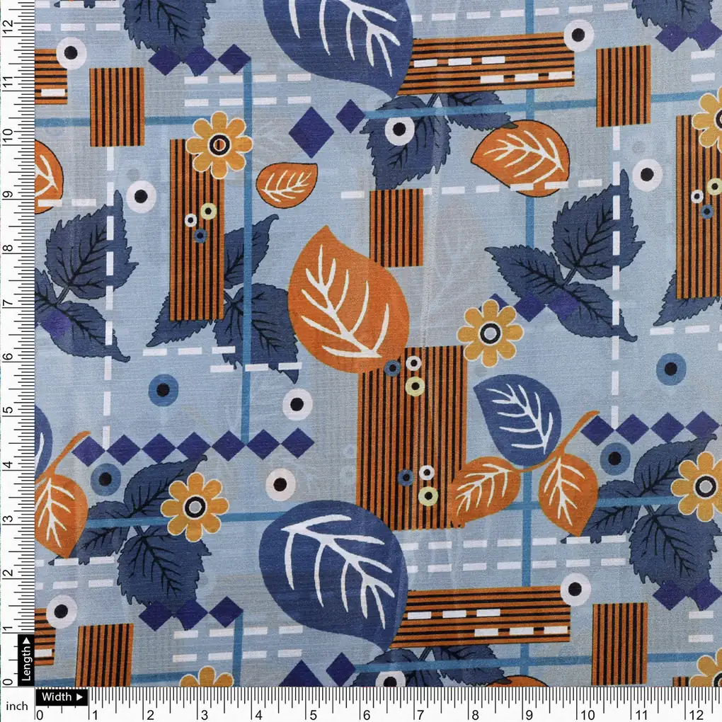 Blue & Orange Floral Geometric Abstract Chinon Fabric - Image 4