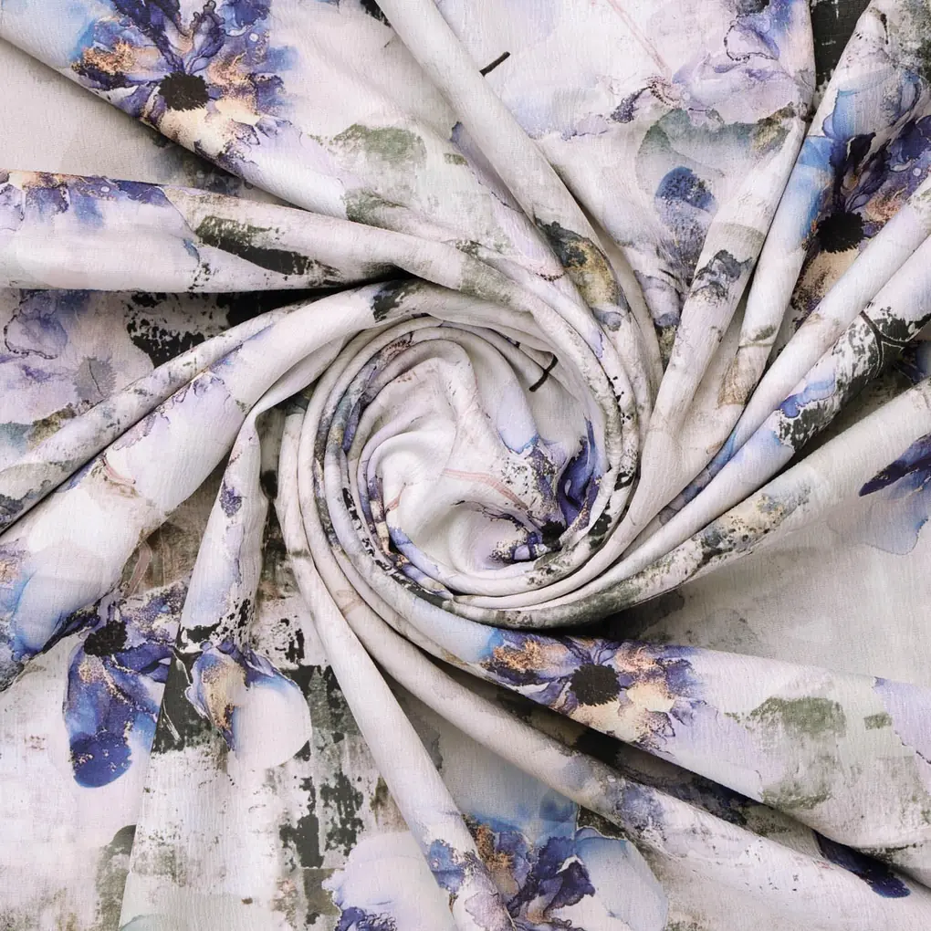 Blue Purple Floral Abstract Digital Print Polyester Fabric - Image 2