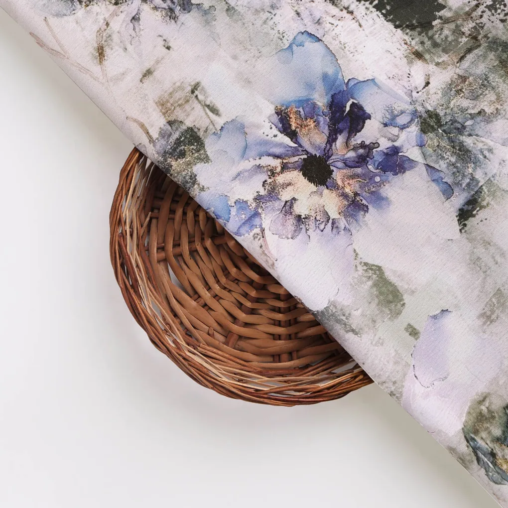 Blue Purple Floral Abstract Digital Print Polyester Fabric - Image 3