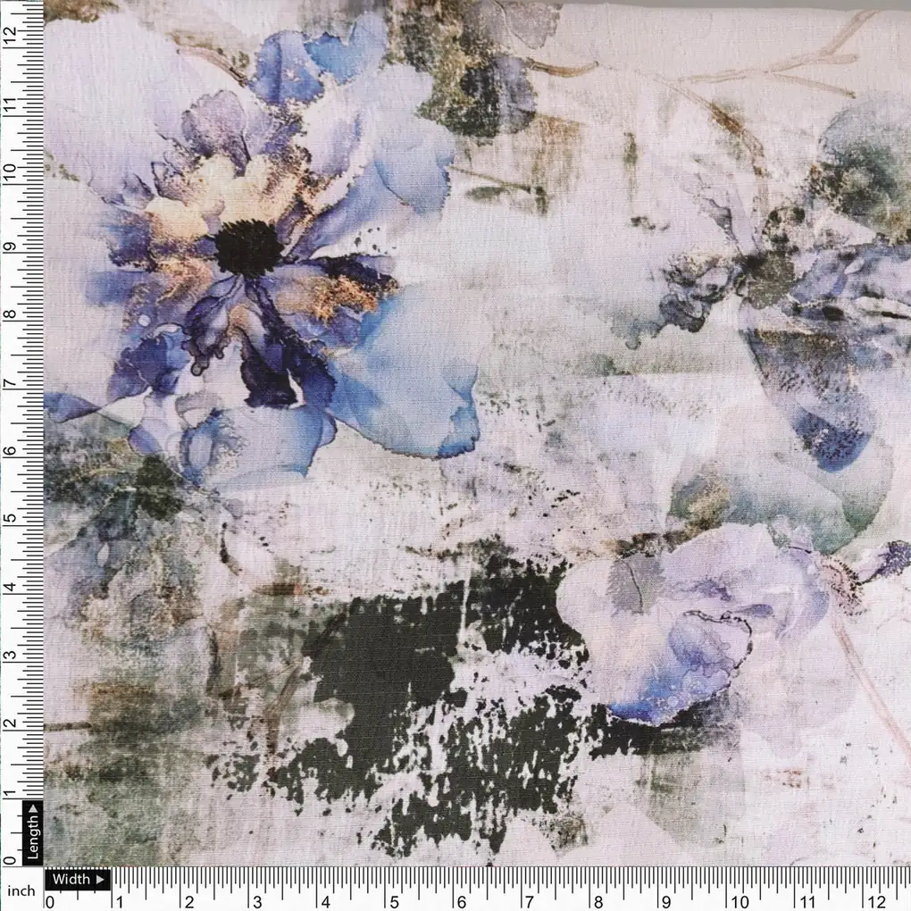 Blue Purple Floral Abstract Digital Print Polyester Fabric - Image 4