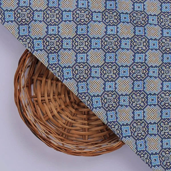 Blue & Tan Moroccan Tile Inspired Geometric Rayon Fabric - Image 2