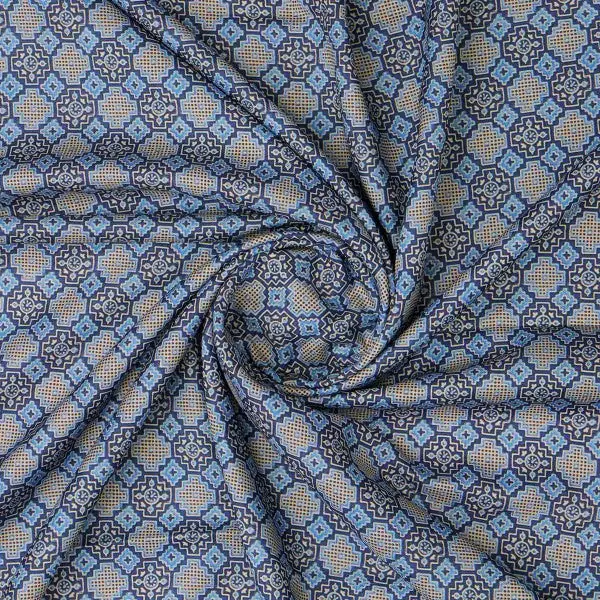 Blue & Tan Moroccan Tile Inspired Geometric Rayon Fabric - Image 3