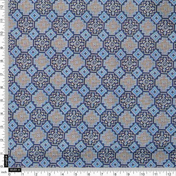 Blue & Tan Moroccan Tile Inspired Geometric Rayon Fabric - Image 4