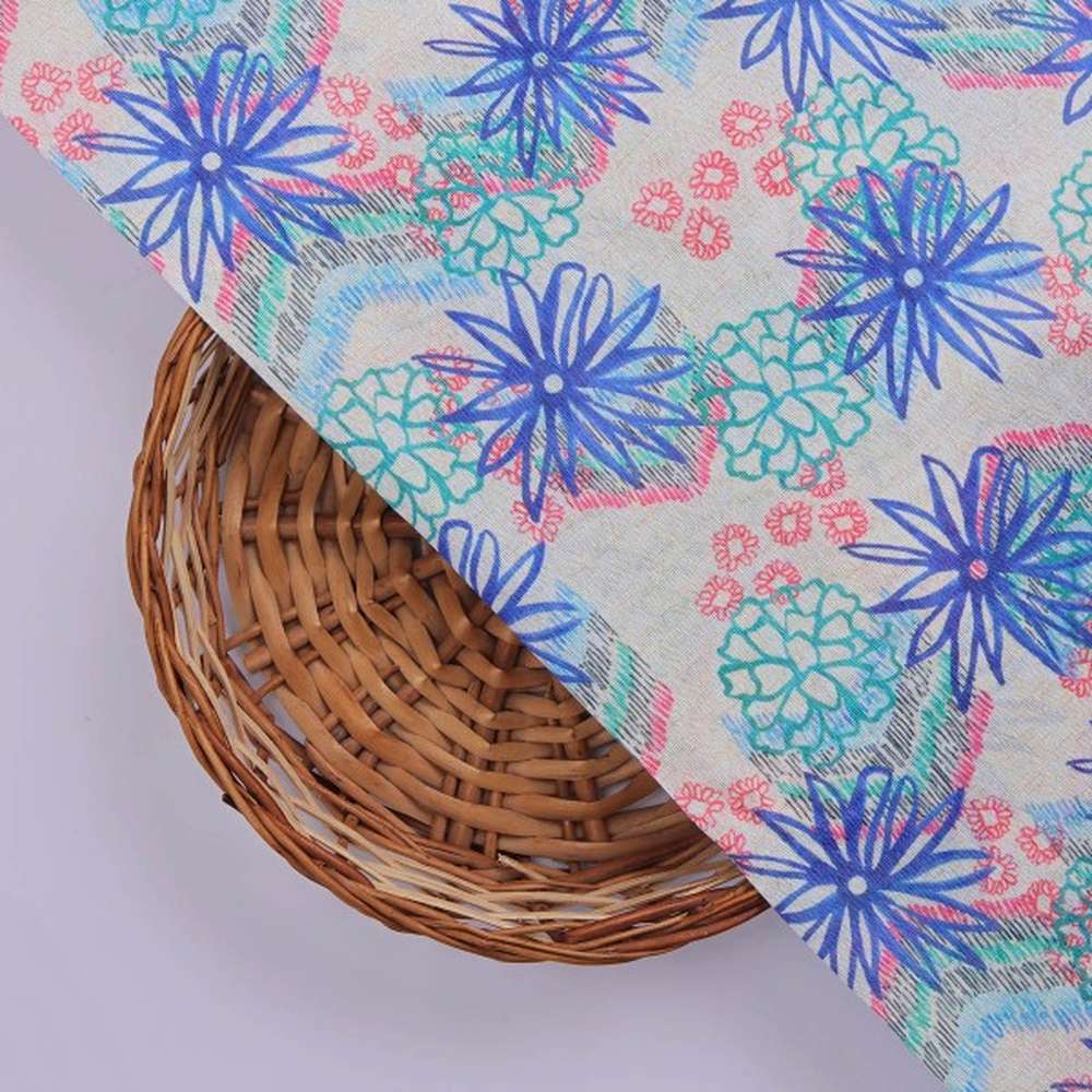 Blue & Teal Abstract Floral Sketch Tusser Silk Fabric - Image 2