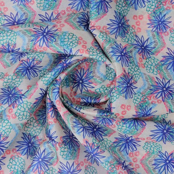 Blue & Teal Abstract Floral Sketch Tusser Silk Fabric - Image 3