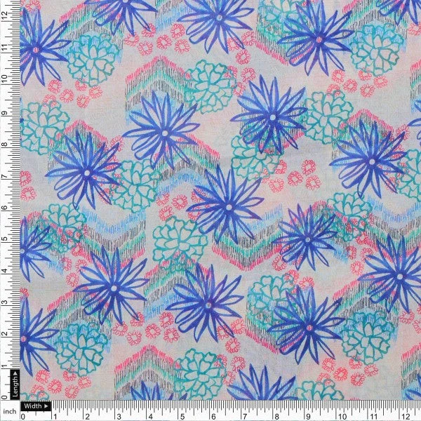 Blue & Teal Abstract Floral Sketch Tusser Silk Fabric - Image 4