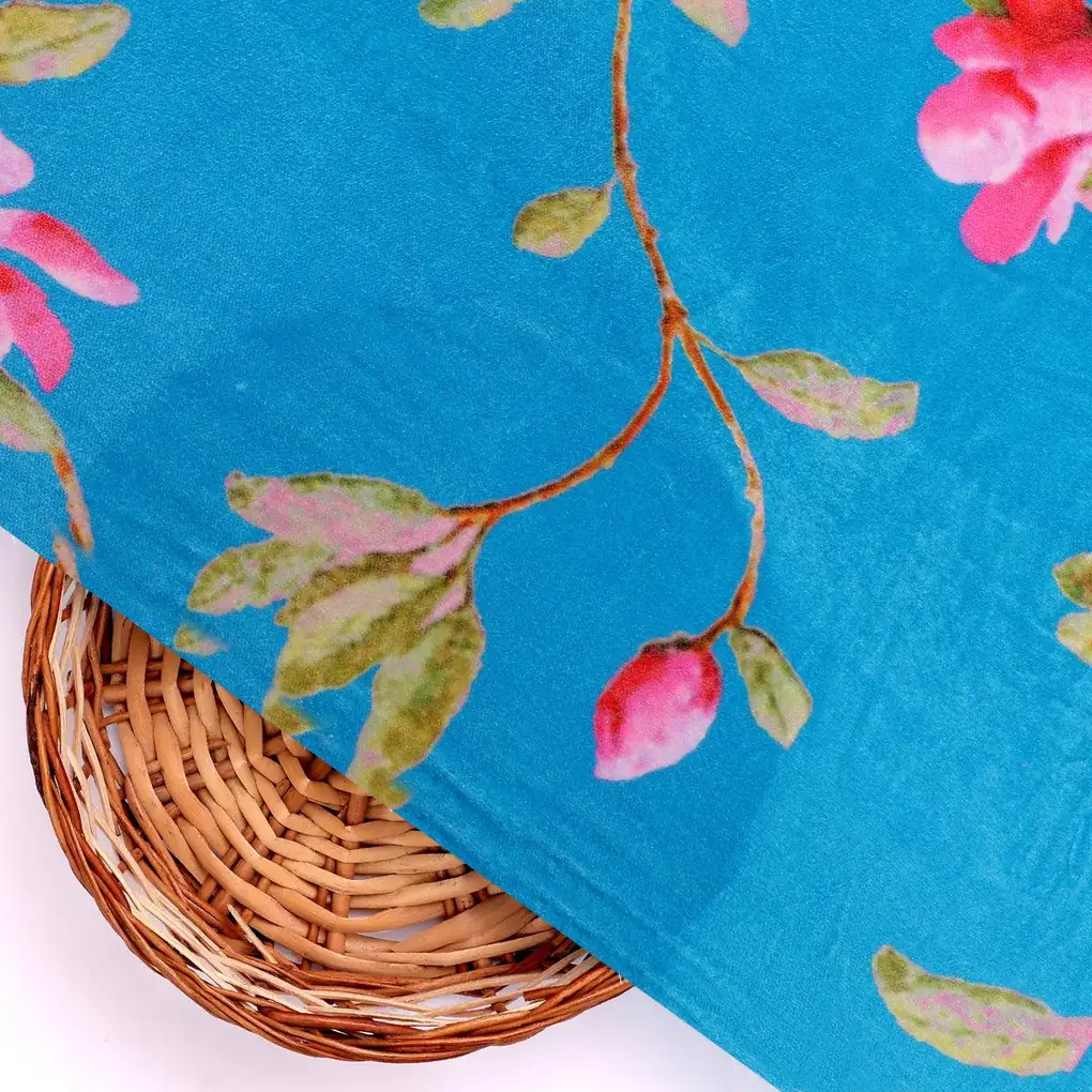Blue Flower Velvet Printed Fabric - Image 3