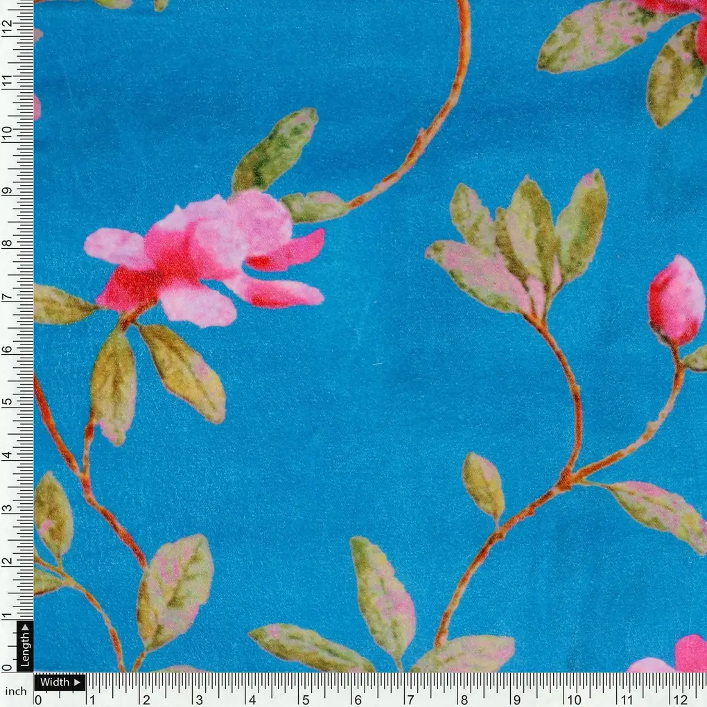 Blue Flower Velvet Printed Fabric - Image 4