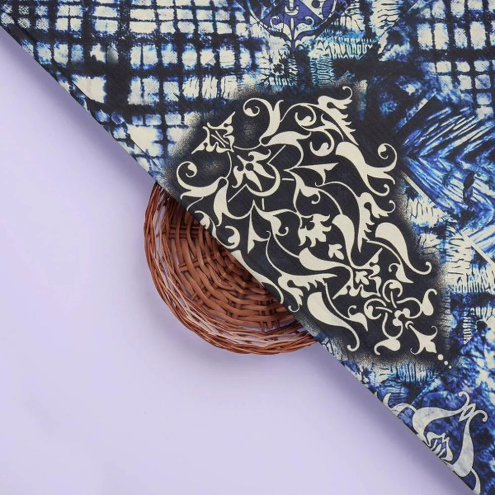 Blue & White Tie Dye Damask Patchwork Rayon Fabric - Image 2