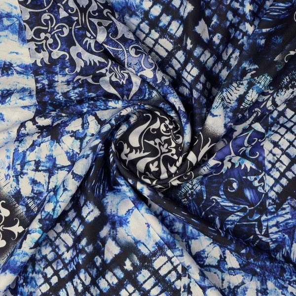 Blue & White Tie Dye Damask Patchwork Rayon Fabric - Image 3