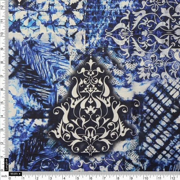 Blue & White Tie Dye Damask Patchwork Rayon Fabric - Image 4