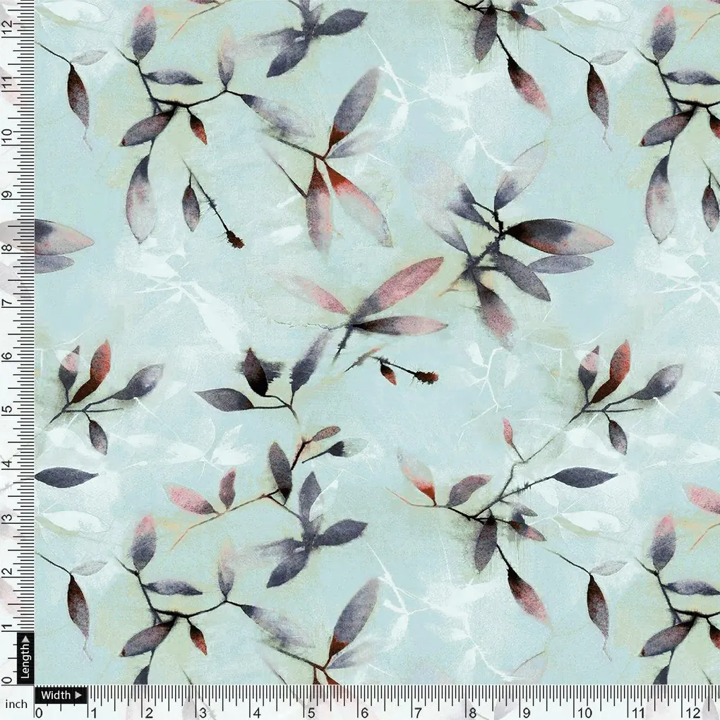 Bluish Thin And Light Leaves Digital Printed Fabric - Image 4