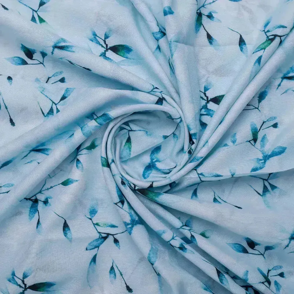 Bluish Thin And Light Leaves Digital Printed Fabric - Muslin - Image 2