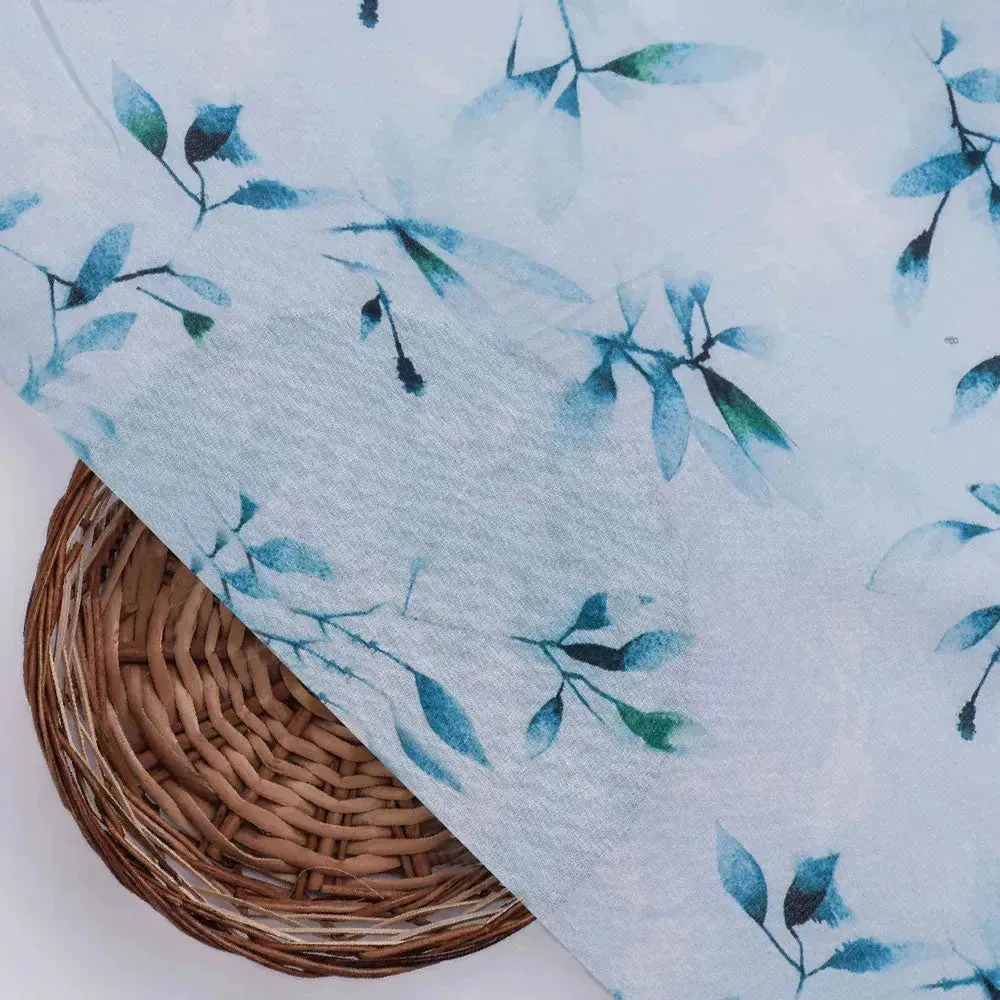 Bluish Thin And Light Leaves Digital Printed Fabric - Muslin - Image 3