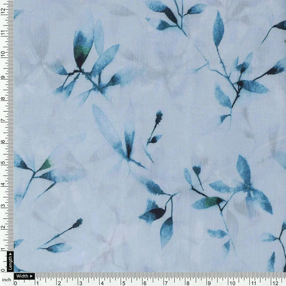 Bluish Thin And Light Leaves Digital Printed Fabric - Muslin - Image 4