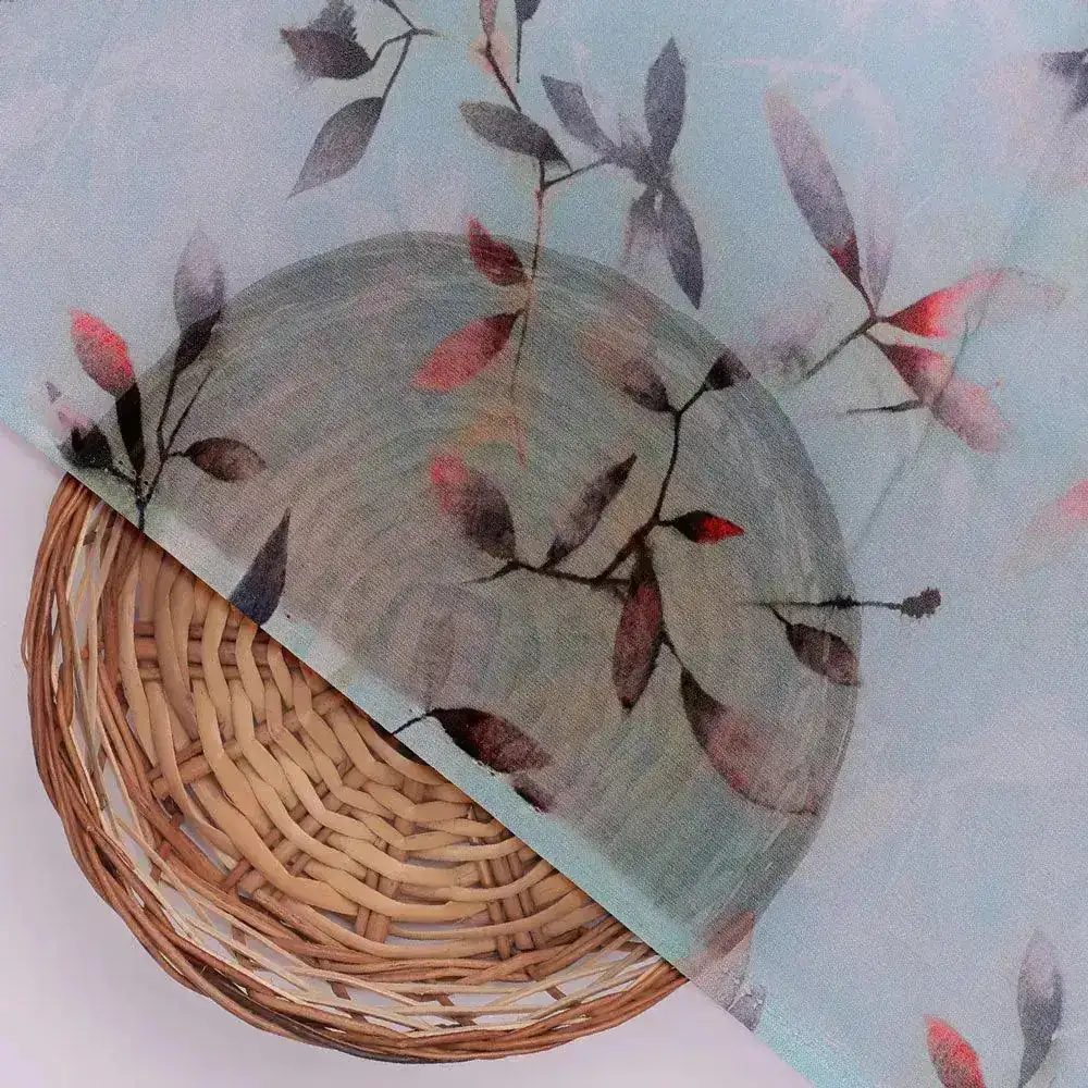 Bluish Thin And Light Leaves Digital Printed Fabric - Pure Georgette - Image 2