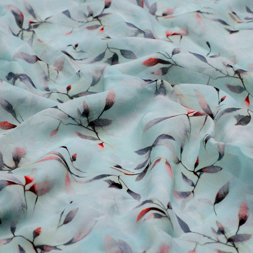 Bluish Thin And Light Leaves Digital Printed Fabric - Pure Georgette - Image 3