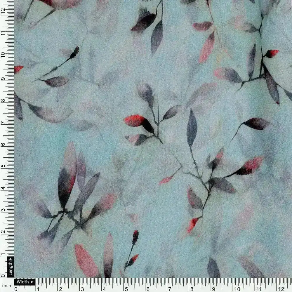 Bluish Thin And Light Leaves Digital Printed Fabric - Pure Georgette - Image 4