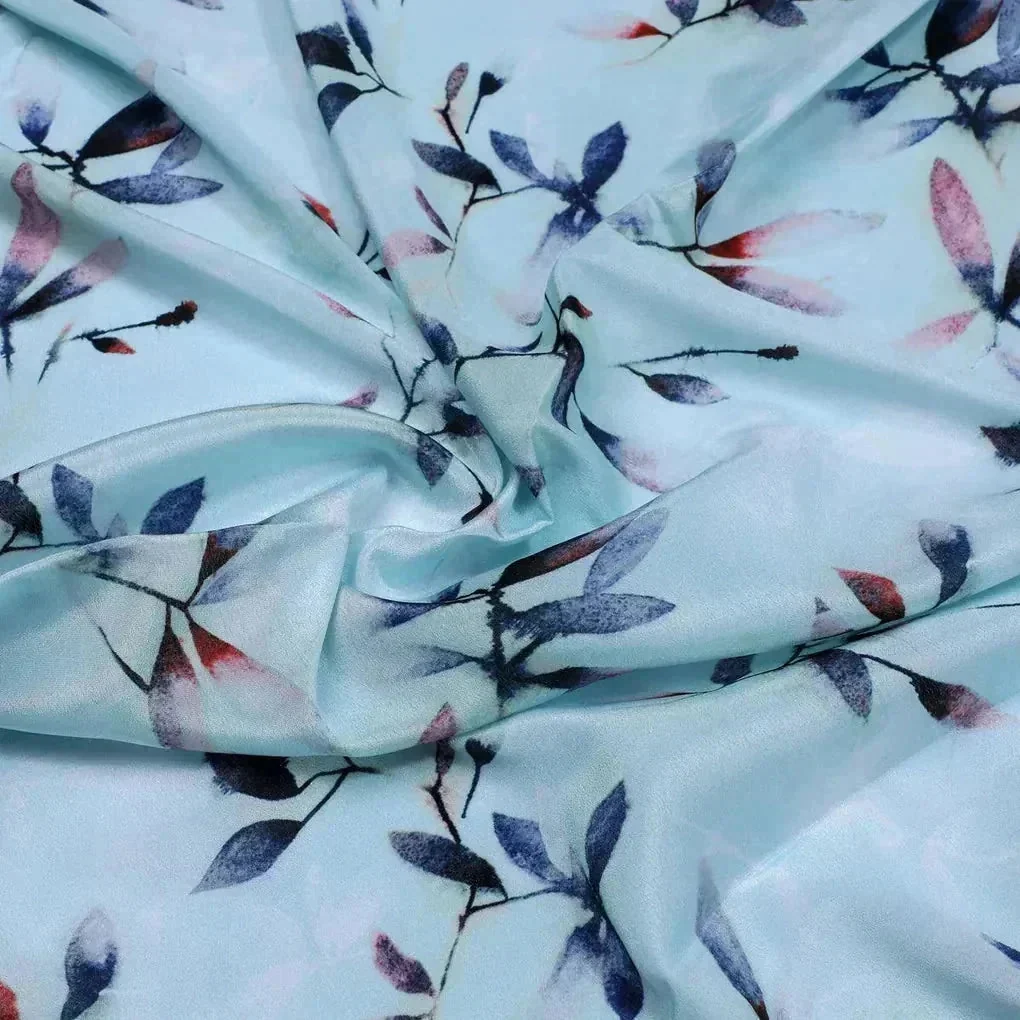 Bluish Thin And Light Leaves Digital Printed Fabric - Crepe - Image 3