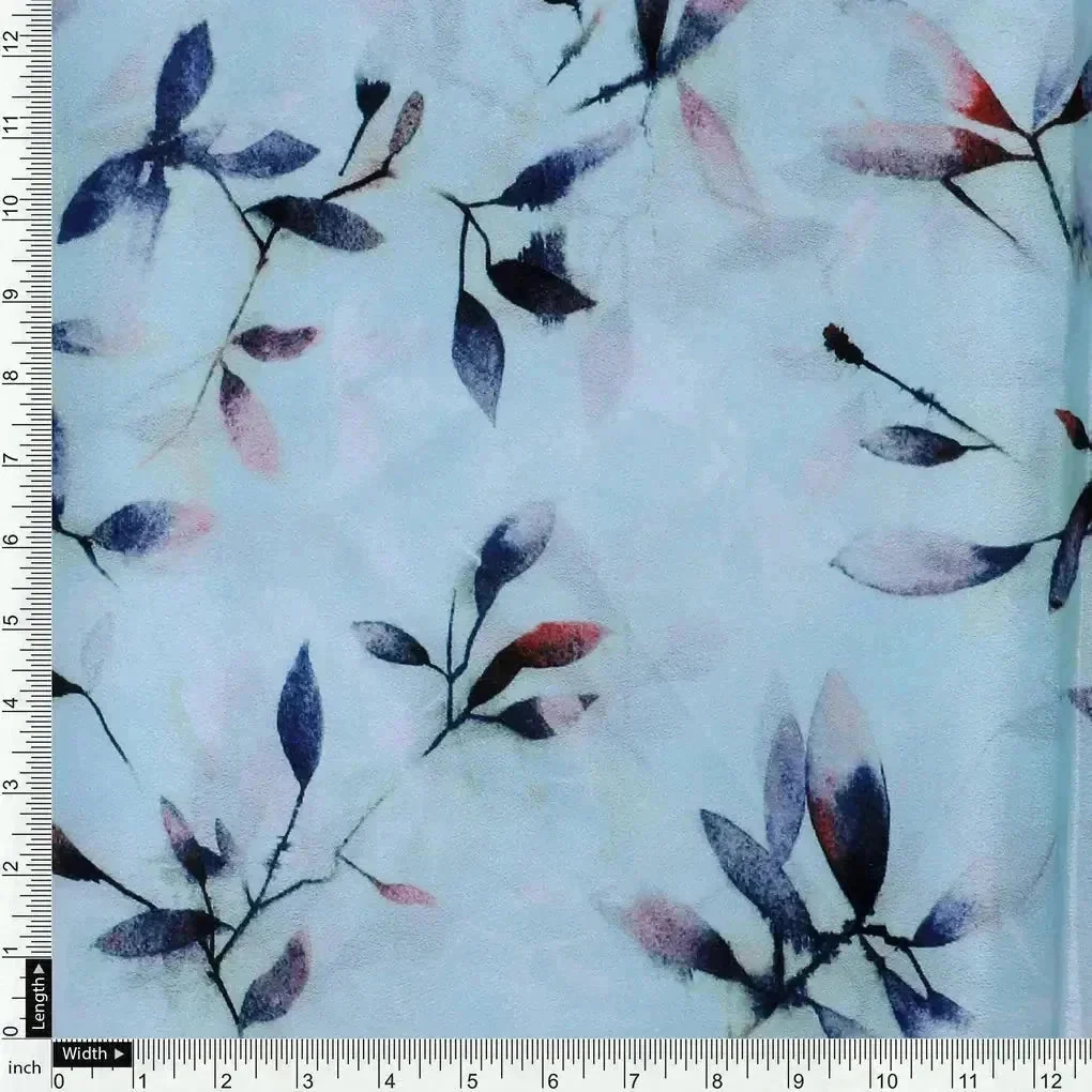 Bluish Thin And Light Leaves Digital Printed Fabric - Crepe - Image 4
