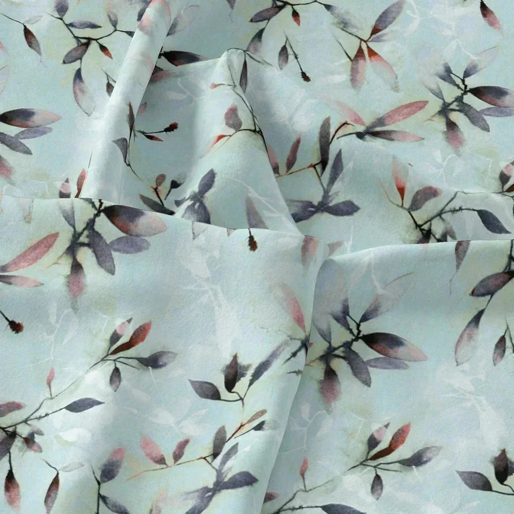 Bluish Thin And Light Leaves Digital Printed Fabric - Tusser Silk - Image 3