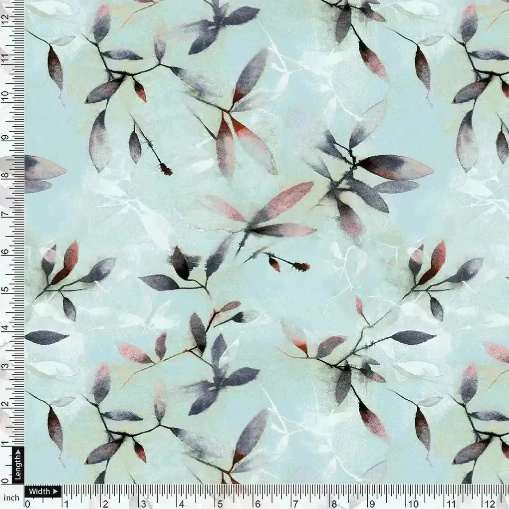 Bluish Thin And Light Leaves Digital Printed Fabric - Tusser Silk - Image 4
