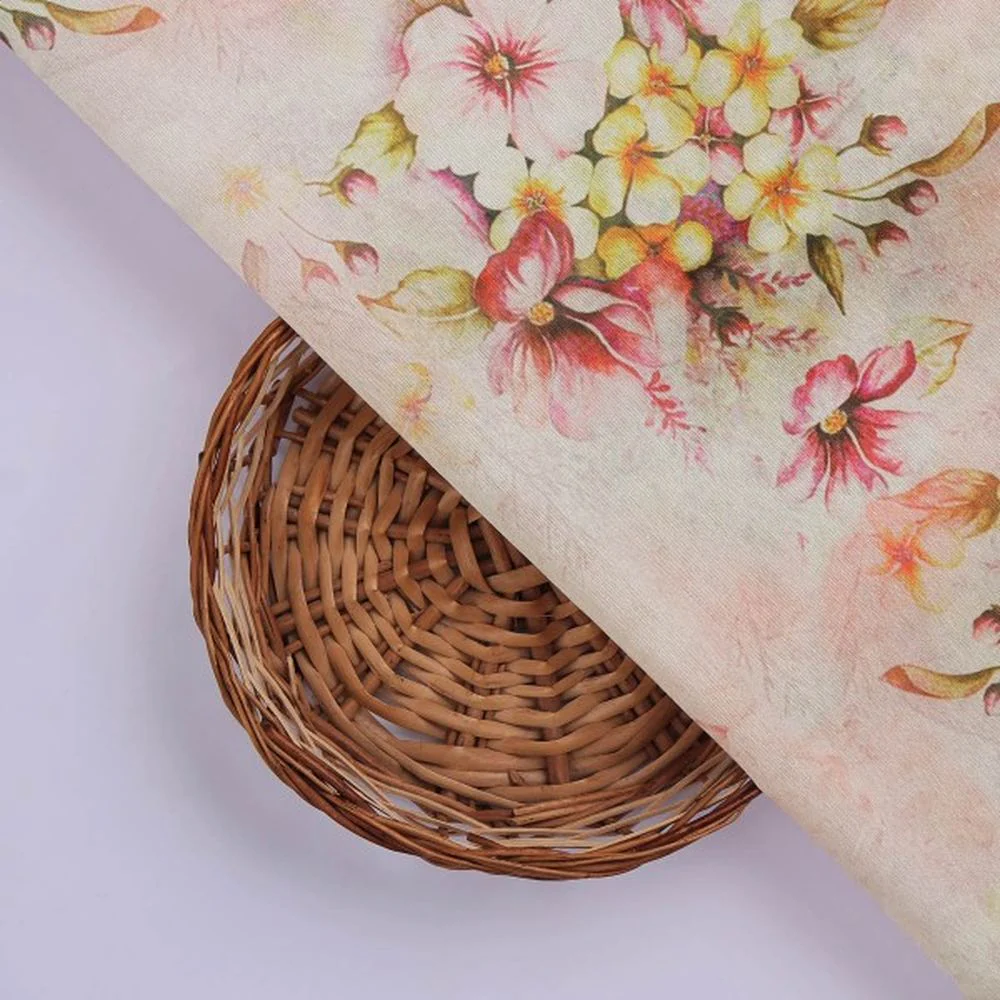 Blush Pink Watercolour Floral Print Tusser Silk Fabric - Image 2