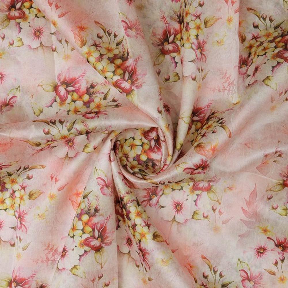 Blush Pink Watercolour Floral Print Tusser Silk Fabric - Image 3