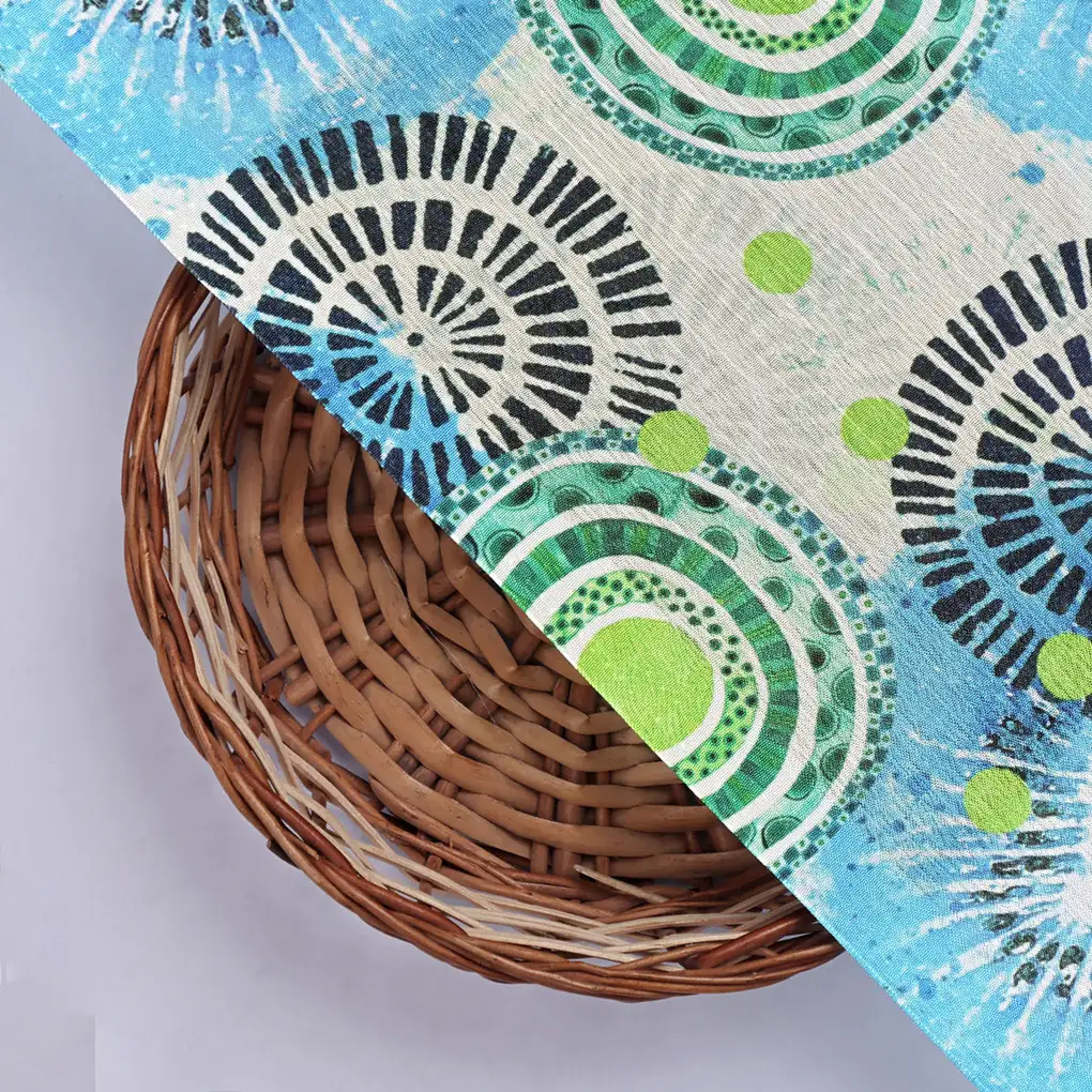 Bohemian Circle Abstract Print Blue & Green Chinon Fabric - Image 2