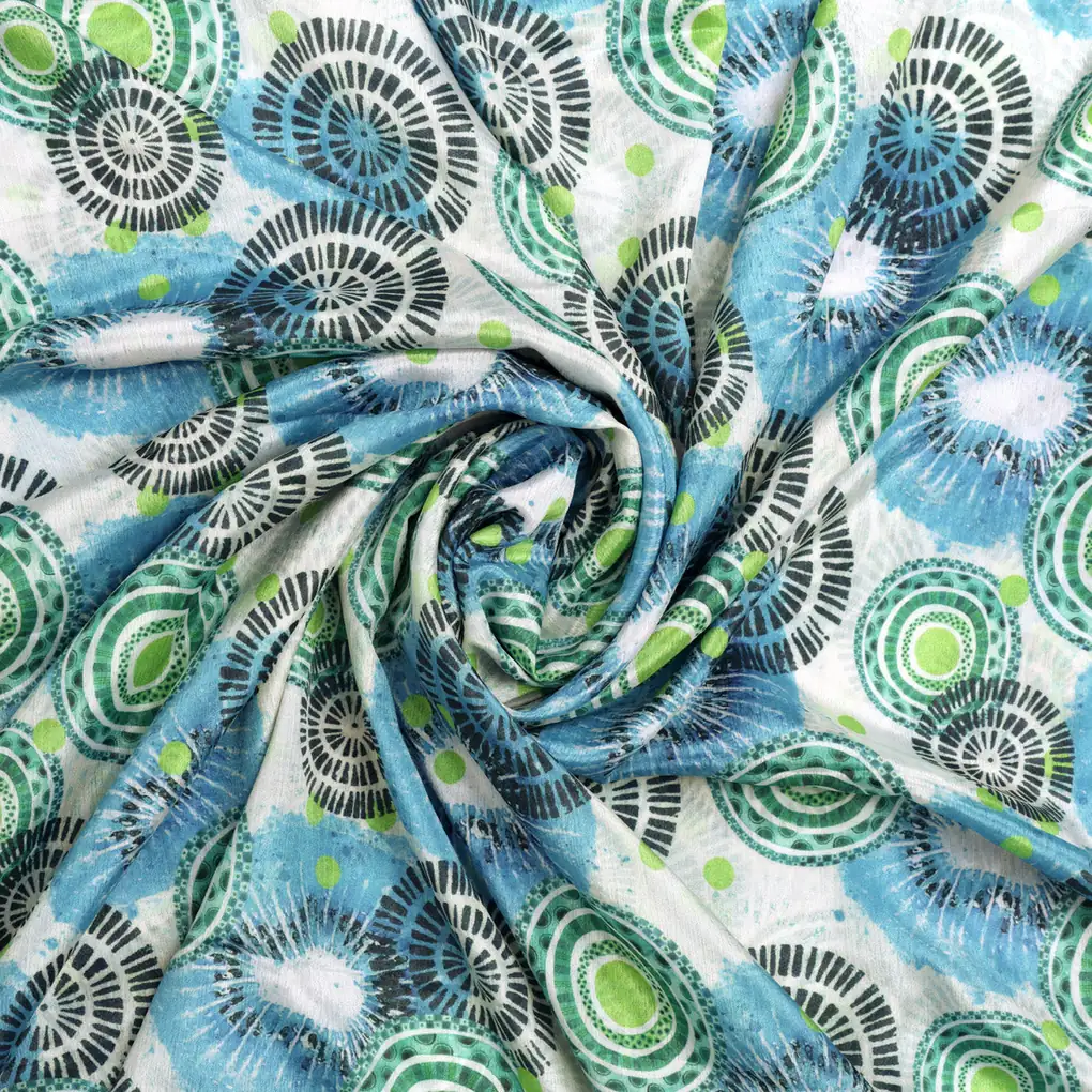 Bohemian Circle Abstract Print Blue & Green Chinon Fabric - Image 3
