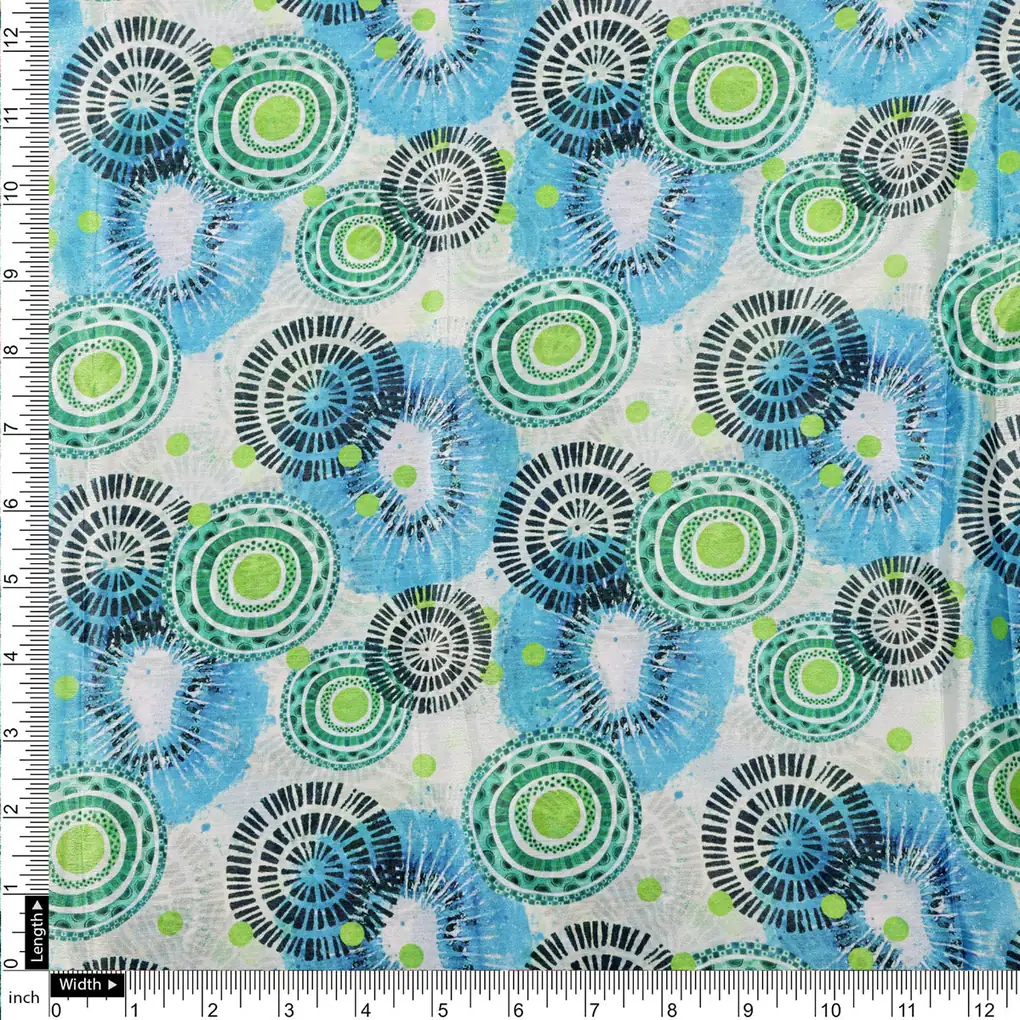 Bohemian Circle Abstract Print Blue & Green Chinon Fabric - Image 4