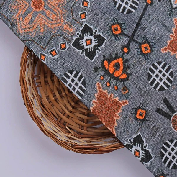 Bohemian Geometric Orange & Grey Printed Rayon Fabric - Image 2